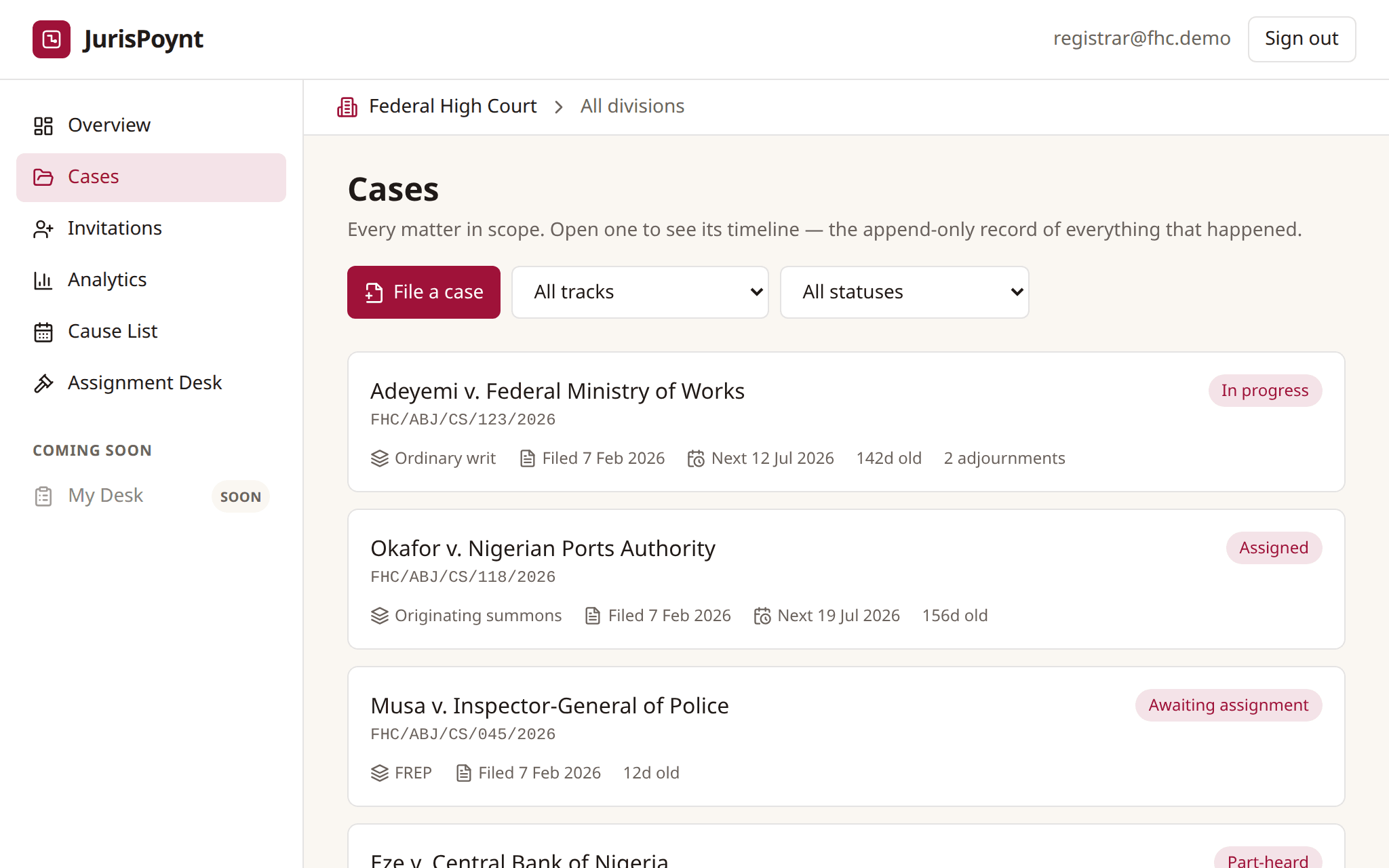JurisPoynt case register — every matter in scope with suit number, track and status