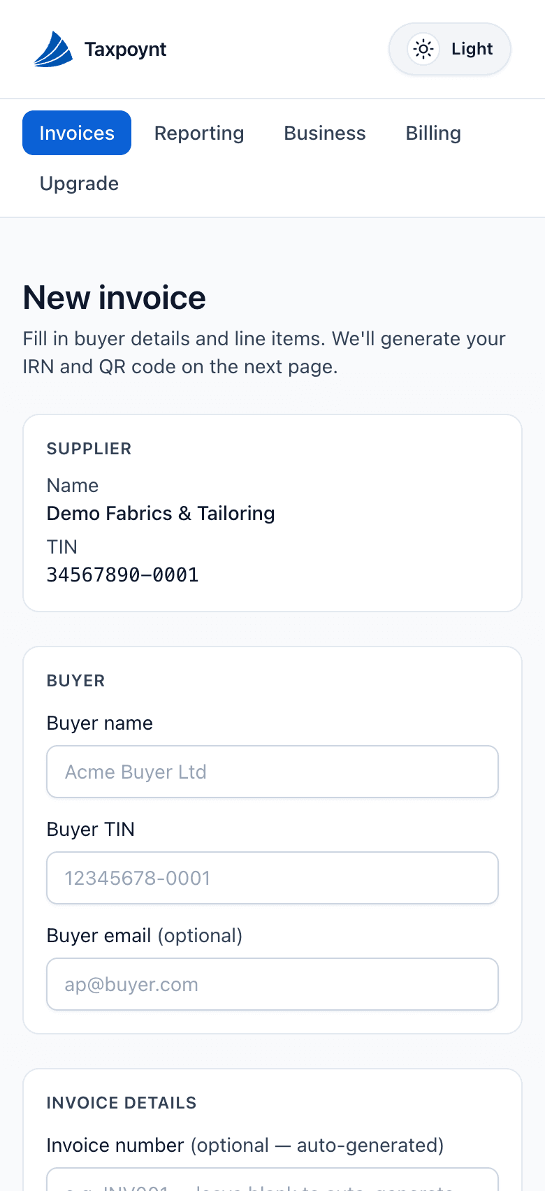 The TaxPoynt Lite new-invoice form on a phone: a read-only supplier block showing Demo Fabrics & Tailoring and TIN 34567890-0001, then buyer name, buyer TIN and optional buyer email fields, and the start of the invoice details section.