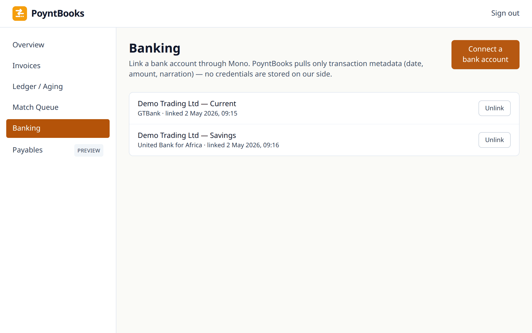 PoyntBooks banking screen with two linked bank accounts