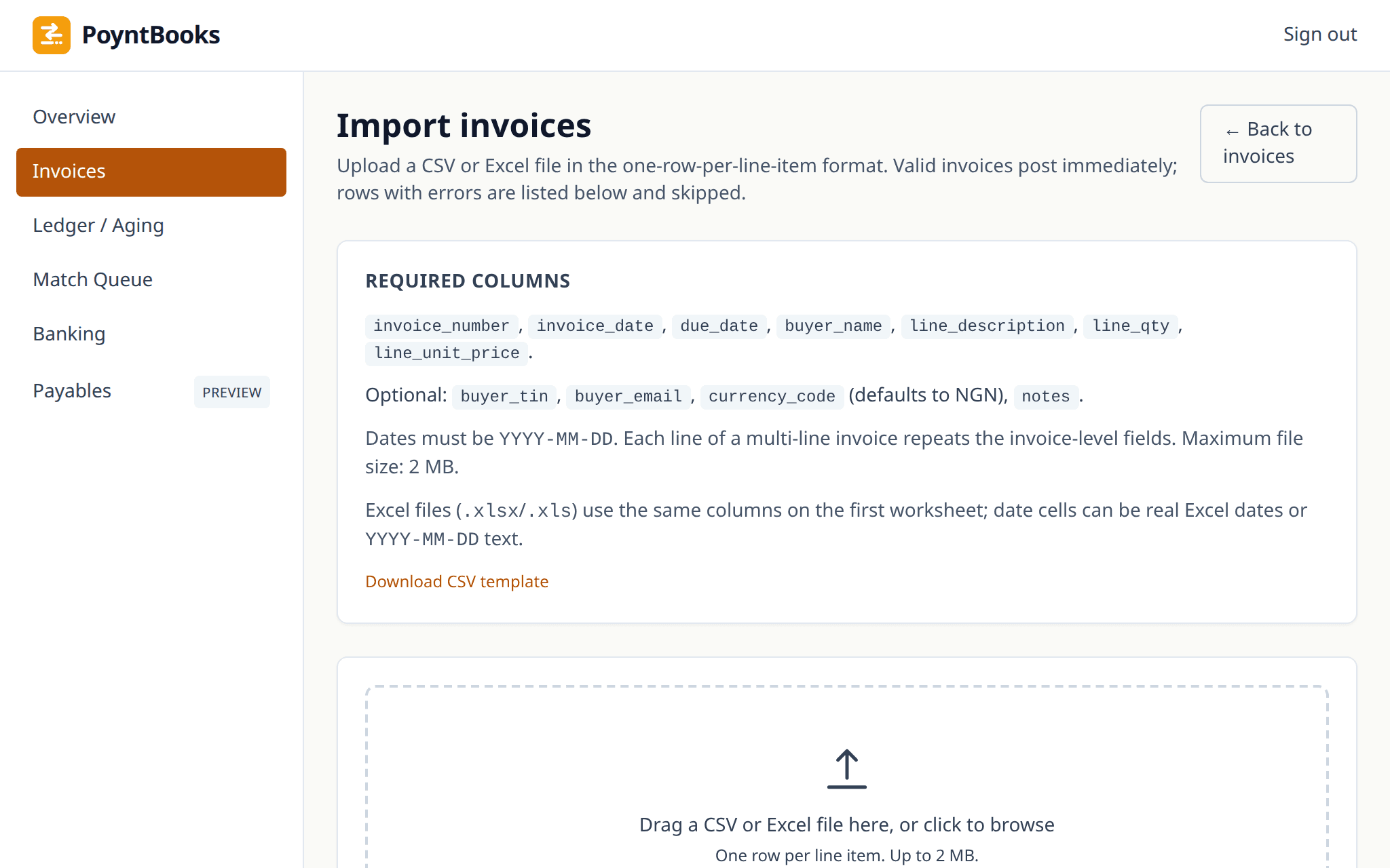PoyntBooks invoice import screen with CSV and Excel upload drop zone