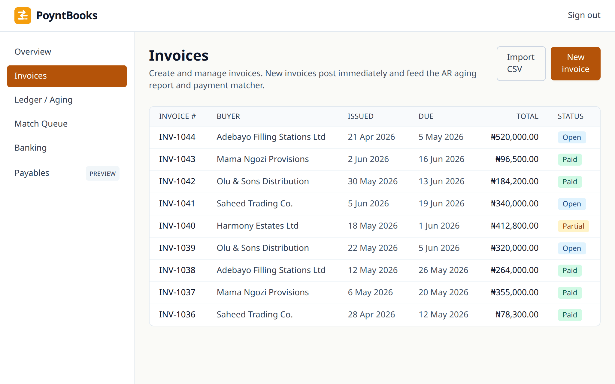PoyntBooks invoices list with paid, partial and open status badges
