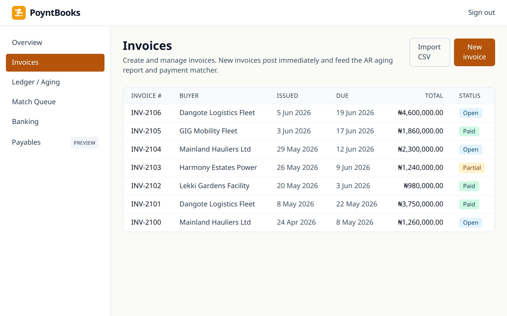 PoyntBooks invoices list with fleet and estate buyers and diesel-supply amounts