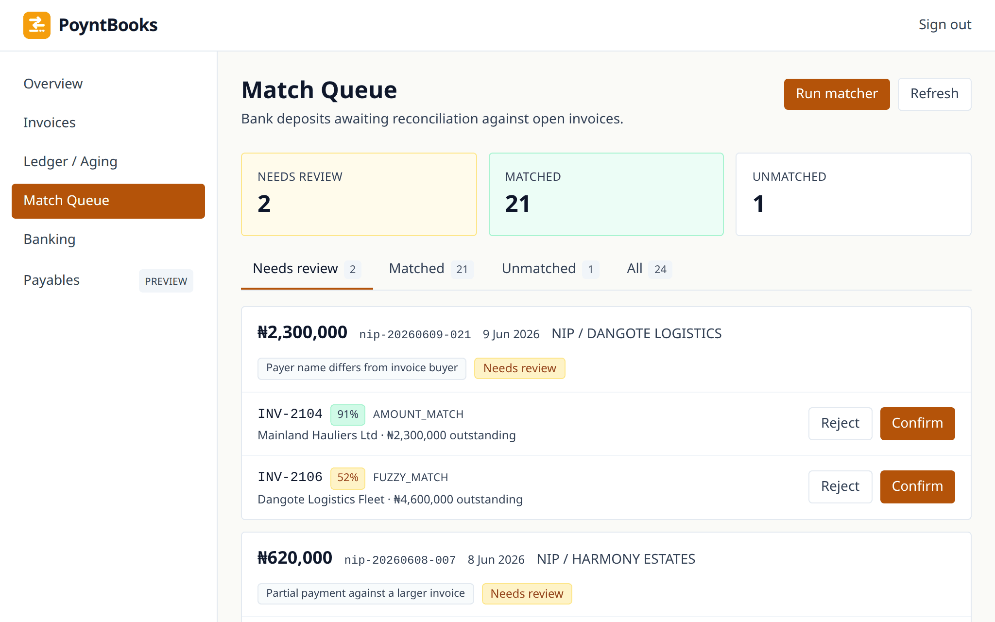 PoyntBooks match queue with fleet payments and confidence scores